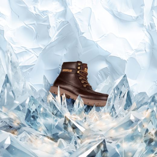 Brown boot among icy shards.