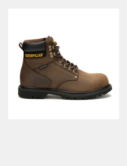 Brown and black boot with CAT logo.