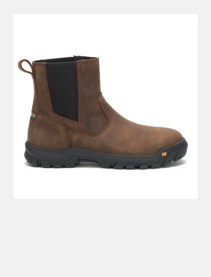 Brown and black boot with CAT logo.