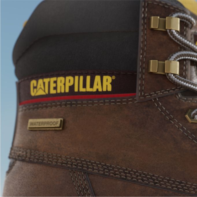 Close-up of the CAT logo on the side of the boot.