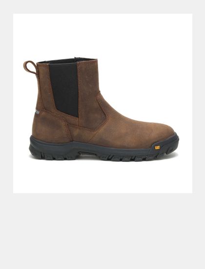 Brown and black boot with CAT logo.