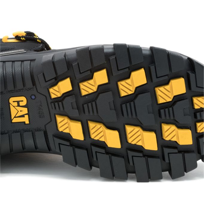 Underside view of black & yellow boot.